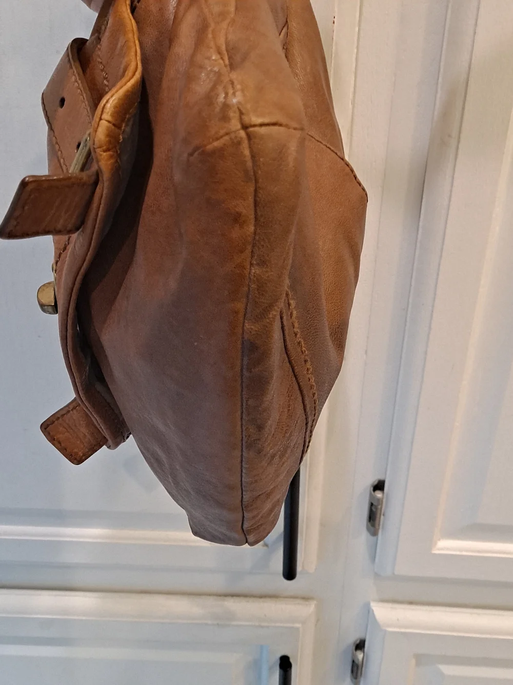 Fossil Cognac Brown Cowhide Lambhide Leather Satchel Front Buckle Flap Brass